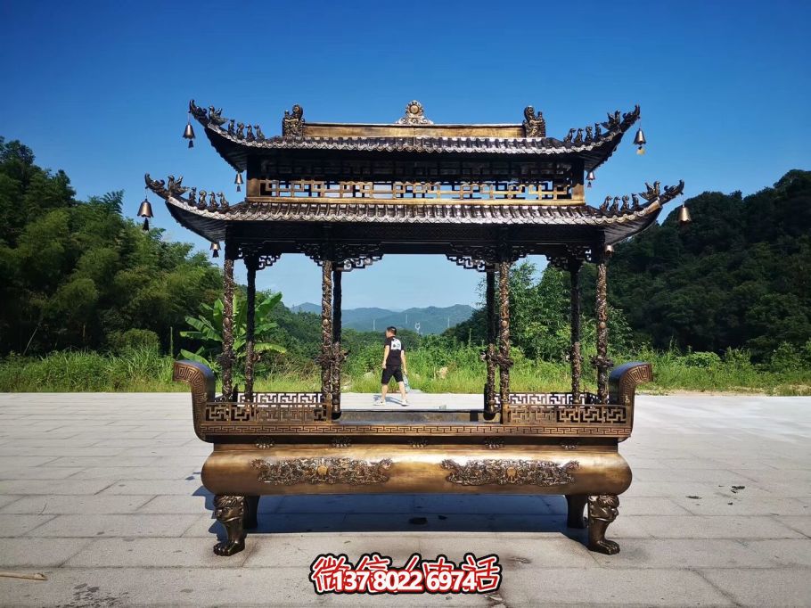 大型寺廟景區(qū)擺放二層鏤空鑄銅浮雕香爐